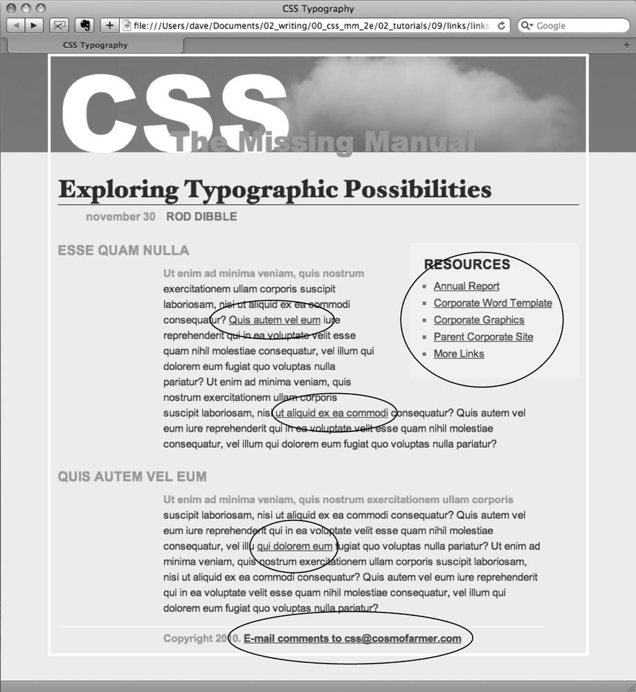 Here’s a basic web page with links in their standard browser configuration—underlined and blue (or purple, if they’re links to previously visited pages). In this case, some links point to other pages on the site, some point to other sites, and one is an email address. In this tutorial, you’ll style each of these links differently.