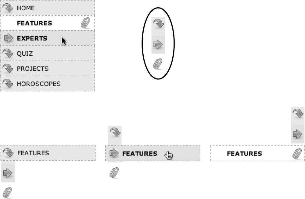 With some basic CSS, it’s easy to create interactive rollover effects for navigation buttons. You can even automatically highlight the section of the site in which the current page is located. To speed up the download of your navigation bar graphics, you can use the CSS sprites method described on page 298. Basically, you use one image (circled at top right) and adjust its position for different states of each button (bottom row).