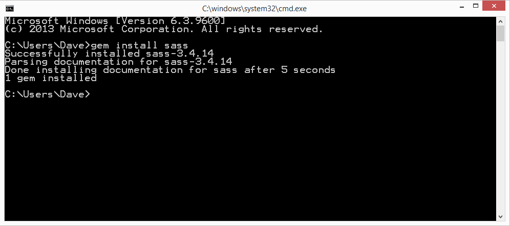 It’s not pretty to look at, but the Windows command prompt is a simple way to install and run Sass. Here, you can see that we just installed version 3.4.14 of Sass. To see which version you have installed you can type sass -v in the command prompt.