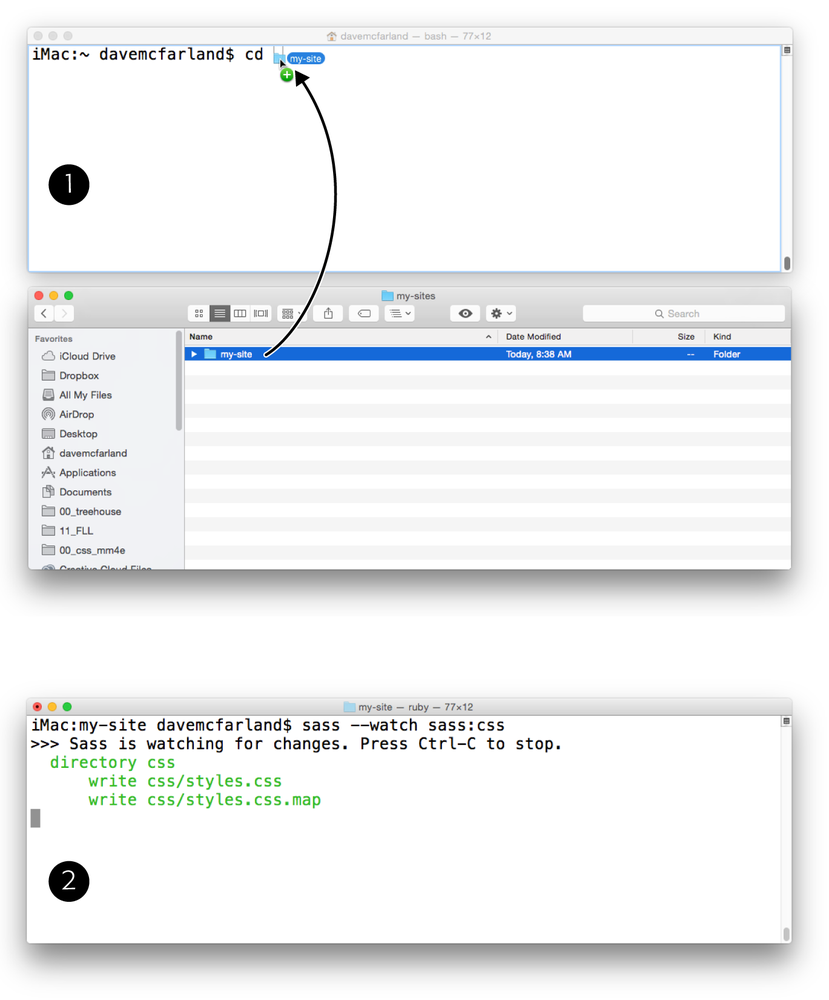 To tell the Sass preprocessor to convert your Sass files into CSS files, you need to use a command line tool and navigate to the directory where your site files are (#1). You can then issue the Sass command to convert .scss files to .css files (#2).