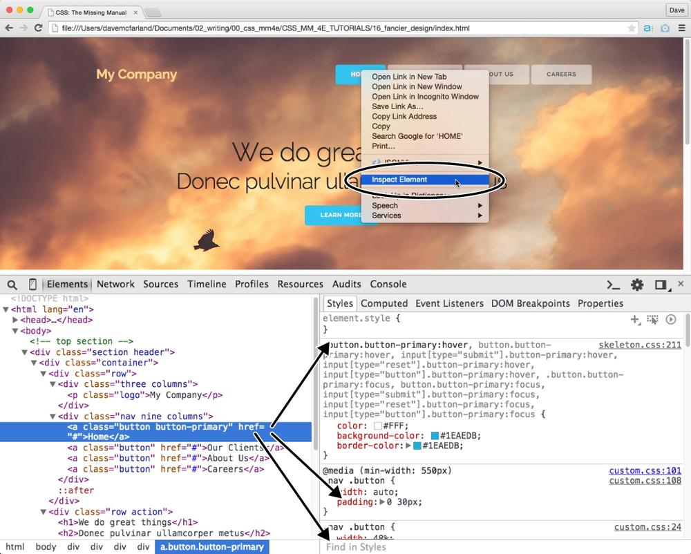 When you use a browser’s element inspector, you can learn a lot about the CSS used to format parts of a web page. For example, inspecting the link to the home page shows that multiple styles apply to the link. The arrows point to the styles and their properties.