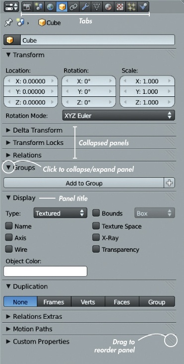 Panels within the Properties editor