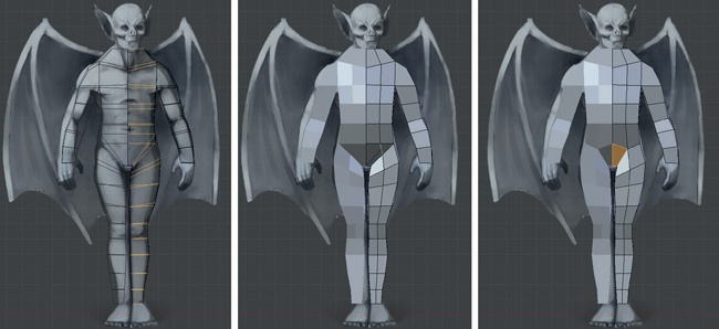 Adding an extra edge loop around the torso and legs and merging a couple of edges to clean up the mesh