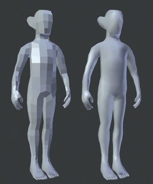 Flat and Smooth shading modes. Smooth shading blends between the normals of a mesh’s faces to make it look smooth. You can switch between the two modes using the Shade Smooth and Shade Flat operators in either Object or Edit mode.