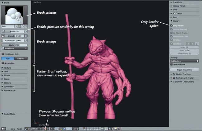 Sculpt mode, with the Viewport display mode set to Textured (with GLSL shading) and Only Render enabled. The Tool Shelf, on the left, contains most of Blender’s sculpting tools and options.