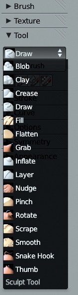 The Tool panel lets you choose between the different base brush types.