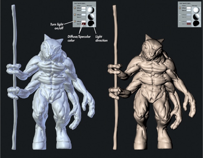 Blender’s default OpenGL shading is very versatile and much faster than GLSL MatCap shading, especially for higher polygon counts. By adjusting the positions and colors of the three available lights, you can create a variety of lighting setups that are more suitable for sculpting than the default is.