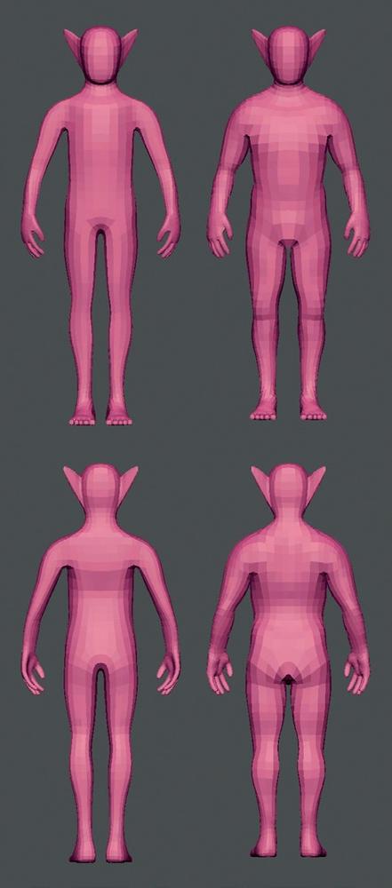 Bat Creature volumes: Subdivided base mesh before sculpting volumes (left) and the basic large volumes roughly added using the Grab and Inflate brushes (right). At this stage, I was concerned with refining the overall shape of the character into one with the right volumes and proportions, mainly by inflating and deflating or by smoothing out the forms at a low subdivision level. I could also tweak certain proportions in the base mesh.