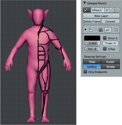 Left: Sketching out muscle groups and landmarks with the grease pencil. Right: The Grease Pencil panel, which is found in the Properties region.