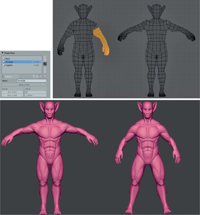 Adding shape keys for different poses. Top left: The Shape Keys panel found in the Object Data tab of the Properties editor. Top right: Selecting the arm to move it to a new position to make the previously hidden areas of the arm and chest more accessible. Bottom: The new pose applied in Sculpt mode and a separate, similar shape key for the legs.