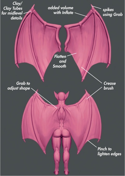 The wings were sculpted in the same way as the body. Because the initial base mesh was more defined to begin with, this process was simpler than it was for the body.