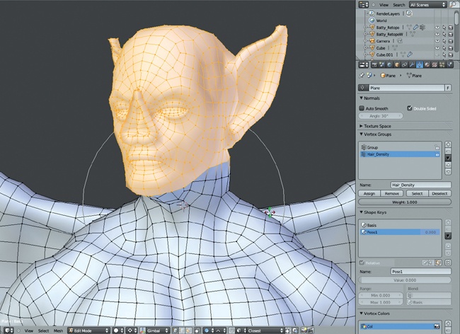 Adjusting the character into a new pose. I have selected the vertices of the head and then placed the 3D cursor at the base of the neck to allow me to turn the head slightly by rotating the selection about the 3D cursor with proportional editing enabled. Keeping this new pose as a shape key allows you to change your mind later and return to the standard pose.