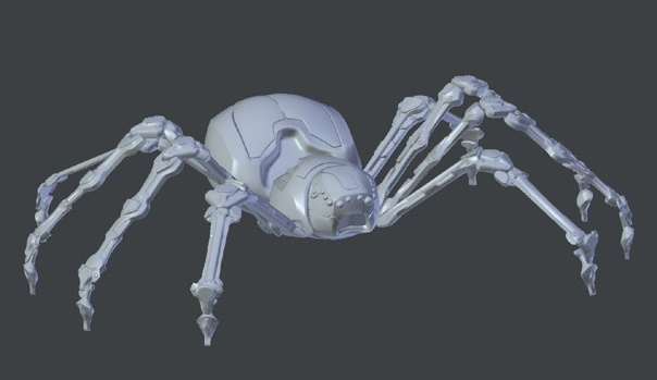 The combined elements of the Spider Bot that required retopology, with the legs in place. The legs are mirrored to the other side of the body.