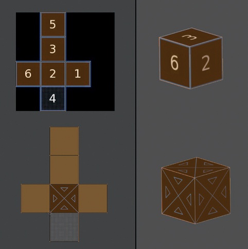 Two options for UV unwrapping. Top: Packing all of an object’s faces into the UV grid to texture each part uniquely. Bottom: Tiling an image over an object’s surface.