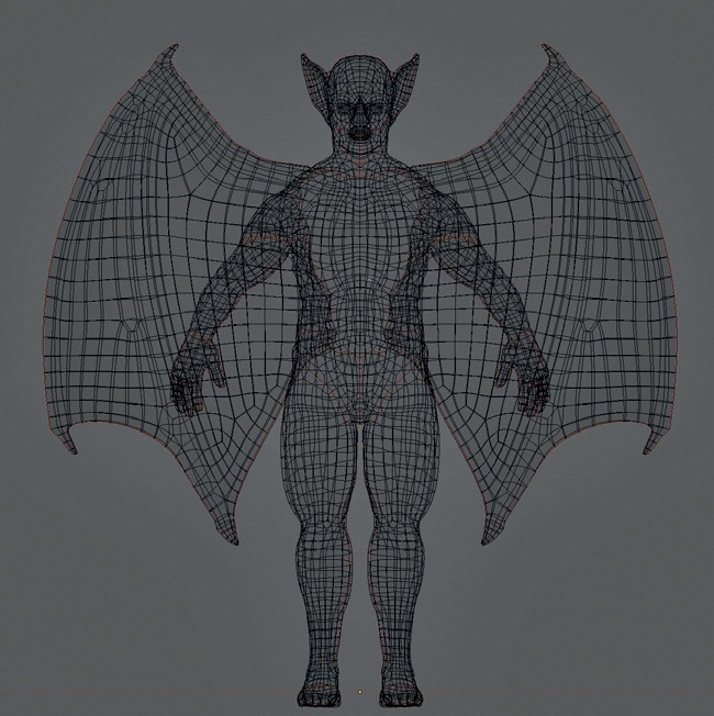 The UV seams on the Bat Creature are shown here in wireframe view. While some seams are (unavoidably) in visible areas, such as around the outside edge of the wings, most are hidden in less conspicuous areas, like the inside of the legs and down the back of the ears and neck. Hiding your seams like this makes cleaning up seams in textures easier later on.