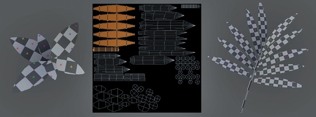 UV coordinates for the various leaf objects. Most were unwrapped to share the same UV coordinates.