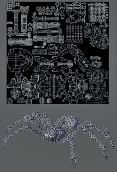 In the case of the Spider Bot UVs, most of the unwrapping was done with Unwrap. Once I unwrapped it, I packed all of the UV coordinates for the model to occupy the same space. (You only need to unwrap each duplicate part once. So, for example, the parts of the legs don’t all need to be unwrapped separately, as long as the duplicates all use the same mesh data.)