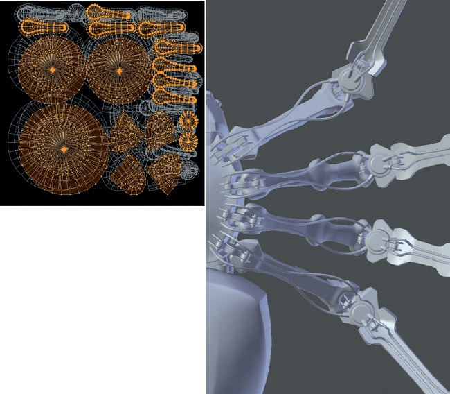 Some mechanical elements of the Spider Bot were unwrapped to share the same portion of the UV grid. The small mechanical joints below the legs (right) were unwrapped to a small corner of the UV grid (left).