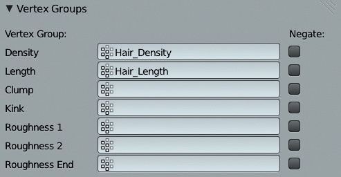 Using vertex groups to control hair length and density. You can add vertex groups for the other properties later on, but this is all we need for now.