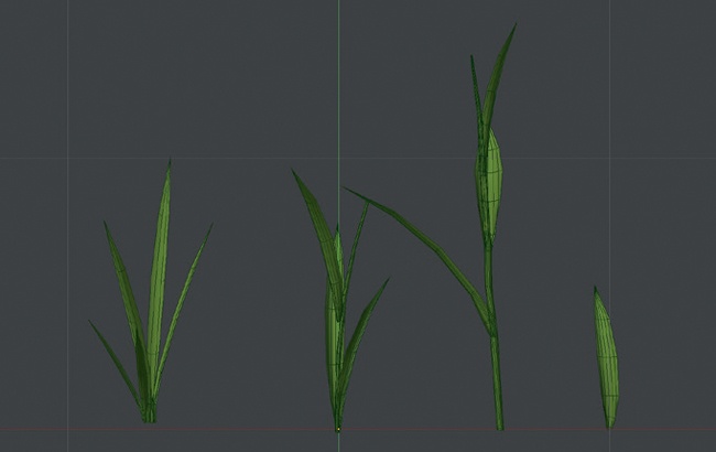 Simple grass models. These are all just planes and cylinders that are subdivided, stretched, and grabbed with proportional editing to form them into the stems and leaves of the grass. Each is a separate object with its origin at the base of the plant.