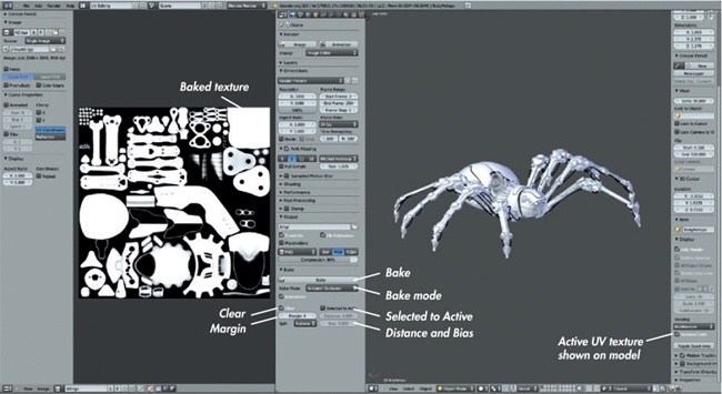 Texture-baking controls while working in the UV editing layout we created in . The UV editing layout is useful because it allows us to access our baking controls through the Properties editor, the baked images through the UV Image editor, and the objects in our scene through the 3D Viewport, all in one layout.