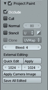 The Project Paint panel has a variety of options for controlling how Blender’s texture brushes work.
