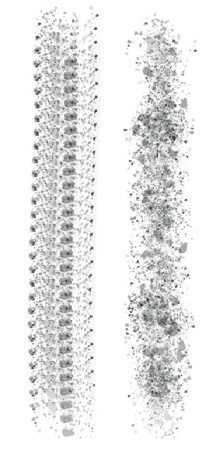 Left: Our new brush with GIMP’s default brush dynamics. Right: The same brush with GIMP’s brush dynamics set to randomize the size and rotation of the brush.