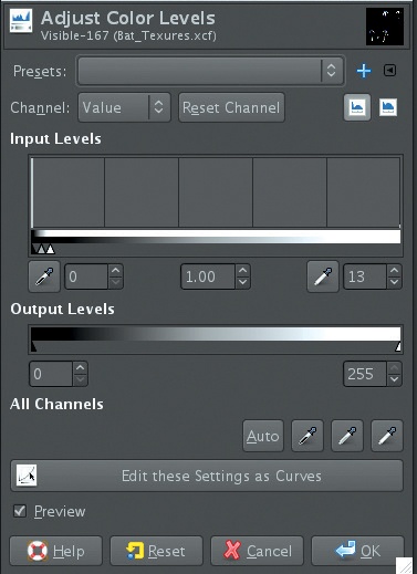 Altering the values of a layer with the Levels tool. Note how the handles for the input levels have been bunched up at the left side of the graph to increase the brightness of all but the darkest values to white.