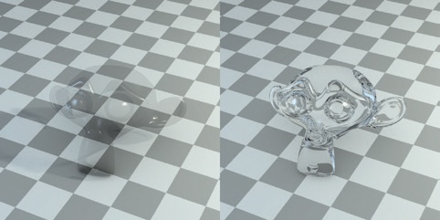 Ray tracing vs. Z Transparency (using the Blender Internal renderer). Left: Z Transparency with an alpha of 0.25 and specular highlights. The specular and slight diffuse visibility make this material visible. Right: Ray-traced transparency with an IOR of 1.5. This image is more realistic but will take much longer to render.