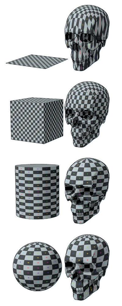 Blender’s generated coordinates project an arbitrary shape onto your object to create a mapping for textures. Top to bottom: flat, cube, tube, and sphere projections. Here, cube and sphere do a good job because the shape of the skull is largely similar to these shapes.