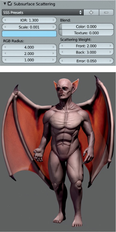 The SSS settings for the Bat Creature’s skin. Combined with the lighting from behind, subsurface scattering causes the wings to glow with light scattering through them.