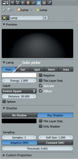 The settings for a point lamp