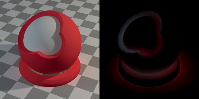 Color bleeding from indirect lighting. Here, the red sphere reflects red light onto its surroundings. This is most visible on the gray inner sphere. This is a subtle effect, so indirect light alone is shown on the right. The surroundings also contribute indirect light, shown as grayish colors in the image on the right.