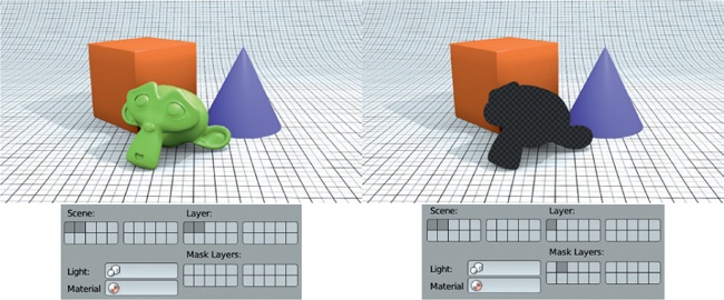 Using layers as mask layers. Here the monkey object is placed on layer 2, with everything else on layer 1. On the left, both layers are checked under Layer, and everything renders as expected. On the right, layer 2 is used as a mask layer instead, so you see a transparent hole where the monkey head obscures the other objects.