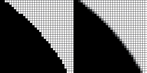 Anti-aliasing reduces the appearance of jagged edges in renders. Left: No anti-aliasing. Right: Anti-aliasing turned on with the number of subsamples set to 8.