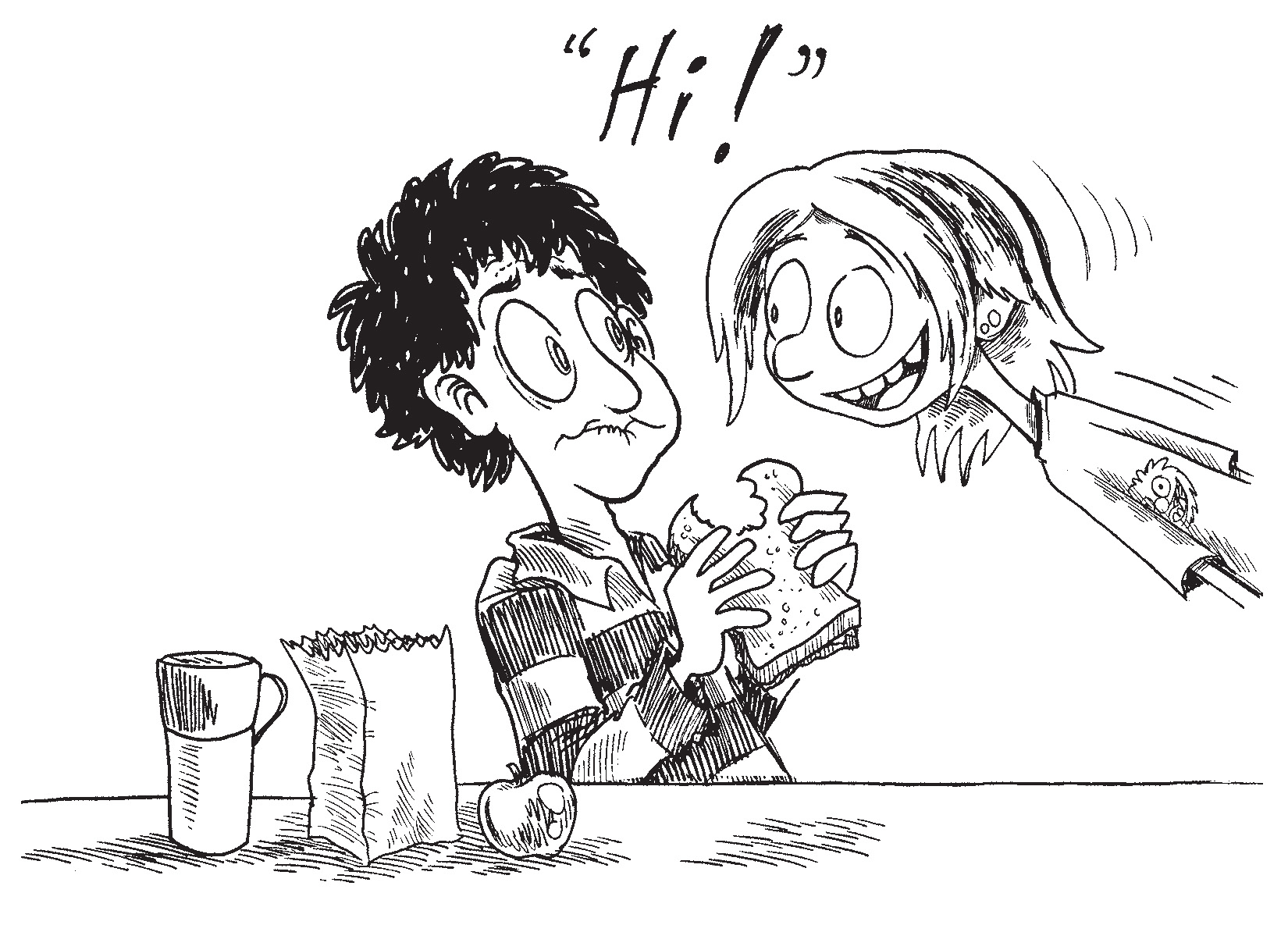 Levi is interrupted while eating a sandwich with Kat saying 'Hi!'