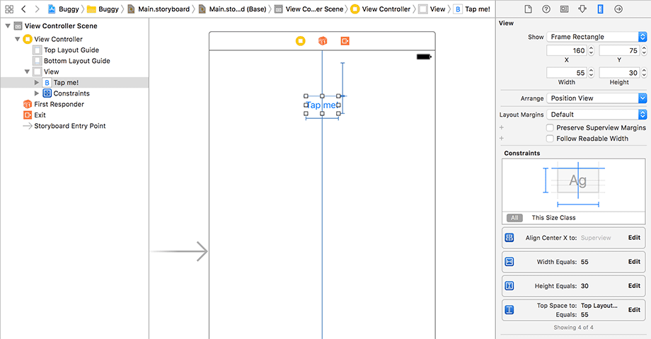 Auto Layout constraints for the Tap me! button