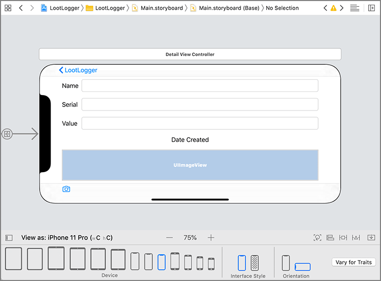 DetailViewController viewed as iPhone 11 Pro landscape