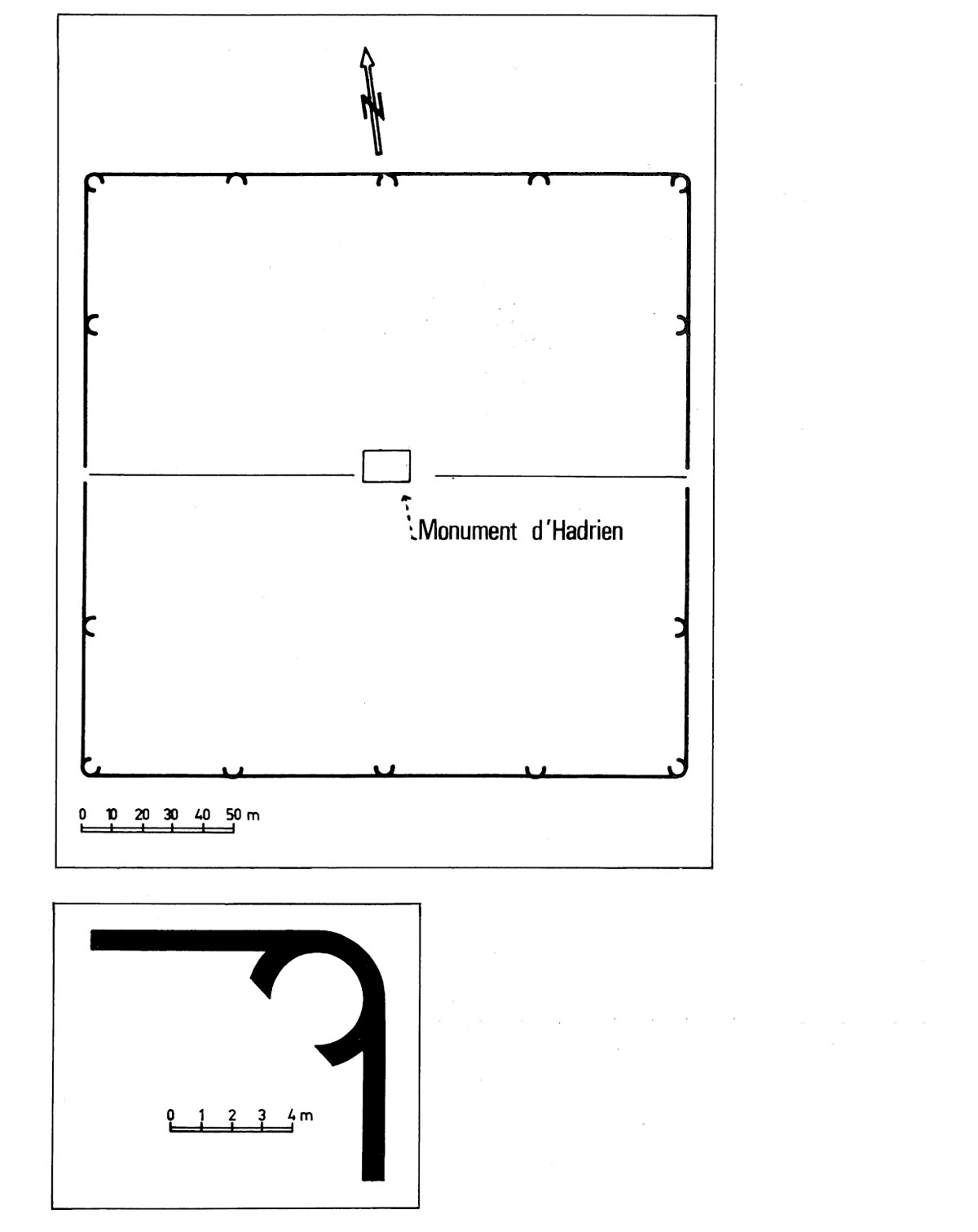 8. Un terrain d’exercice ou   (Le Bohec Y.,  , Paris, Picard, 3  éd., 2002, pl. X, d’après  , 1, 1977). Le seul terrain d’exercice assez bien connu est le   de Lambèse, site d’Algérie où s’installa la III  légion Auguste au début du   siècle de notre ère. C’est un espace carré de 200 m de côté, au sol de terre battue, délimité par un mur très mince aux angles arrondis, percé de deux portes et flanqué de quatorze bassins semi-circulaires. Au centre se trouvait une tribune d’où les instructeurs donnaient leurs ordres. C’est sur les parois de cette tribune qu’ont été fixées des plaques portant le texte des discours prononcés en 128 par l’empereur Hadrien  ; il félicitait les troupes qui avaient manœuvré devant lui, ici et ailleurs. Un autre  , célèbre mais connu surtout par les textes, se trouvait à Rome , contre le camp des prétoriens.