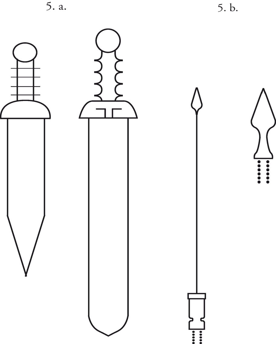 5. Les armes offensives a. Des épées : un   et une   (d’après un dessin de l’auteur). Ces épées correspondaient à deux formes d’escrime (de la pointe avec le  , de taille avec la  ). On distingue deux types de  , le type Mayence à pointe longue et le type Pompéi à pointe courte, qui lui a succédé vers le temps de Claude et qui est resté longtemps en usage. Quant aux  , il est malheureusement très difficile, voire impossible, de les classer du point de vue de la chronologie. b. Une lance et un javelot : un   et une   (d’après un dessin de l’auteur). Pour le  , on distingue aussi plusieurs types suivant le mode de fixation de la pointe sur la hampe. Pour les plus anciens, la soie du   est fixée grâce à une ou plusieurs goupilles reliées à une virole de section carrée (sites d’Oberaden, Dangstetten et Kalkriese) ; la fixation à douille circulaire et à fer plus court est attestée pendant tout le Haut-Empire, jusqu’au   siècle. Il existe une grande variété de  , désignées par plusieurs noms, empruntés notamment à la langue gauloise :  ,  ,  , etc. À l’inverse du  , elles étaient surtout utilisées comme arme de hast, parfois envoyées sur l’ennemi avec des catapultes. Elles ont laissé un grand nombre de fers et de talons tout autour de l’empire. Il est également difficile de les classer.