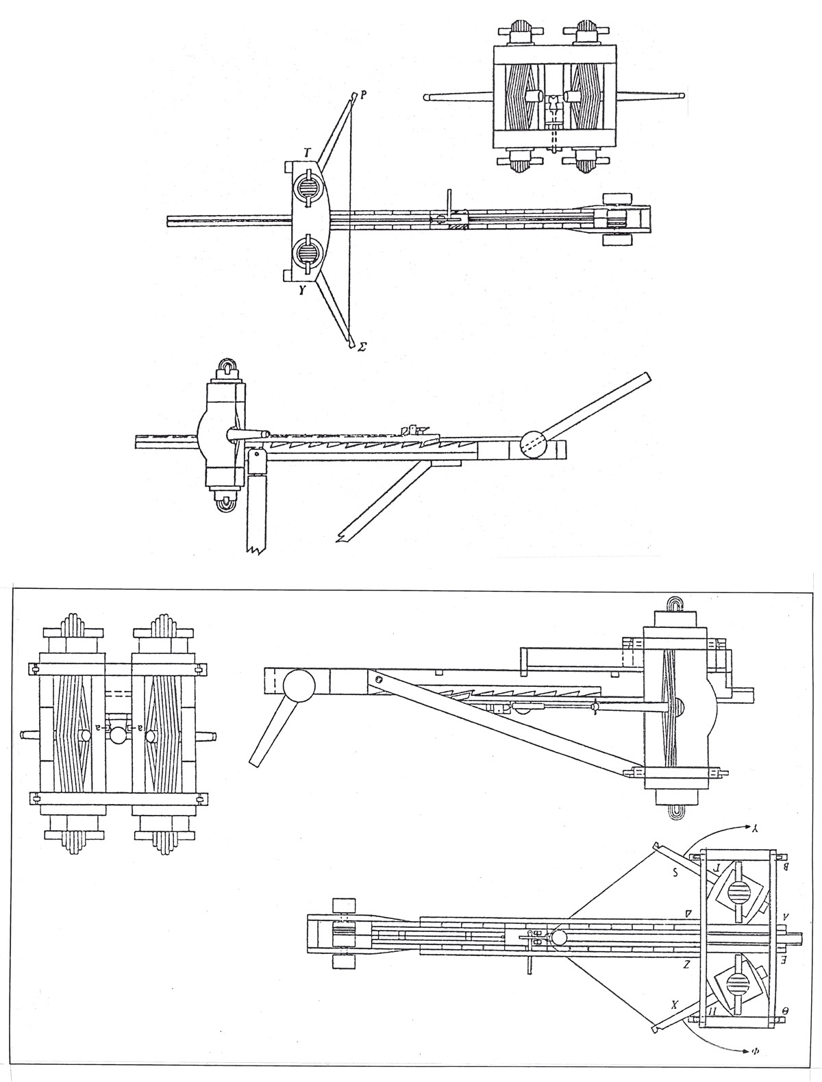 7. L’artillerie (Le Bohec Y.,  , Paris, Picard, 3  éd., 2002, pl. XXIX, fig. 27, d’après Marsden E. W.,  , 1971). L’artillerie permettait de lancer des flèches (dessin du haut) ou des pierres (dessin du bas) ; la force de propulsion venait de la torsion de fibres, animales le plus souvent, rarement de la flexion d’une plaque de métal. Les balistes (nom générique de ces pièces) atteignaient une grande précision et une grande force.