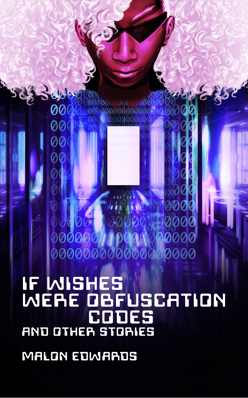 Obfuscation Codes ebook cover displaying a pink haired black figure with angular sunglasses, whose head hovers over a blue and purple digital space filled with light, reflection, and zeroes.