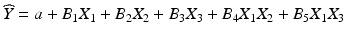 
$$\widehat{Y}=a+{B}_{1}{X}_{1}+{B}_{2}{X}_{2}+{B}_{3}{X}_{3}+{B}_{4}{X}_{1}{X}_{2}+{B}_{5}{X}_{1}{X}_{3}$$
