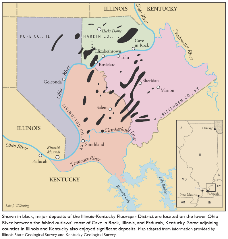 Image: Shown in black, major deposits of the Illinois-Kentucky Fluorspar District are located on the lower Ohio River between the fabled outlaws’ roost of Cave in Rock, Illinois, and Paducah, Kentucky. Some adjoining counties in Illinois and Kentucky also enjoyed significant deposits. Map adapted from information provided by Illinois State Geological Survey and Kentucky Geological Survey.