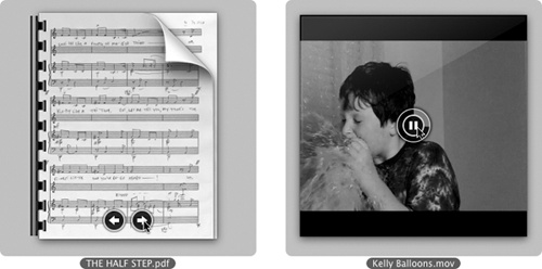 You can page through PDF and presentation icons, or play movies and sounds, right on their icons. (Movie icons even display a circular progress bar so you know how far you are into the video.)