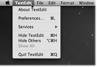 The first menu in every program lets you know, at a glance, which program you’re actually in. It also offers overall program commands like Quit and Hide.