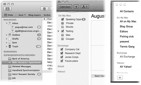 Once everything is hooked up, a new heading appears in Mail (left), Calendar (middle), and Contacts (right), named after your Exchange account. That’s your corporate life, which you can hide and show at will.