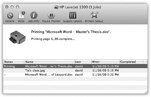 Waiting printouts appear in this window. You can sort the list by clicking the column headings (Name or Status), make the columns wider or narrower by dragging the column-heading dividers horizontally, or reverse the sorting order by clicking the column name a second time. The Supply Levels button opens a graph that shows how much ink each cartridge has remaining (certain printer models only).