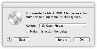 Choose Open Finder if you plan to copy regular Mac files onto the CD or DVD, or Open iTunes if you plan to burn a music CD using iTunes. (Click “Make this action the default” if you figure you’ll always answer this question the same way.) Click OK.To burn the disk, drag its icon onto the Burn icon in the Dock, or choose File→Burn Disc.