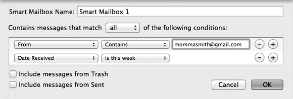 Mail lets you create self-populating folders. In this example, the “New Mail from Mom” smart mailbox will automatically display all messages from her that you’ve received in the past week.